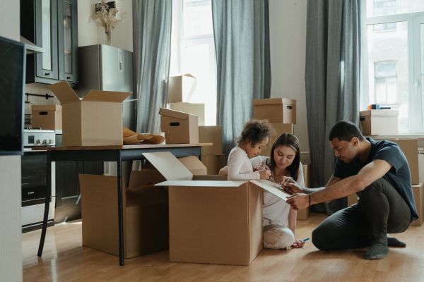 moving day, moving boxes and family